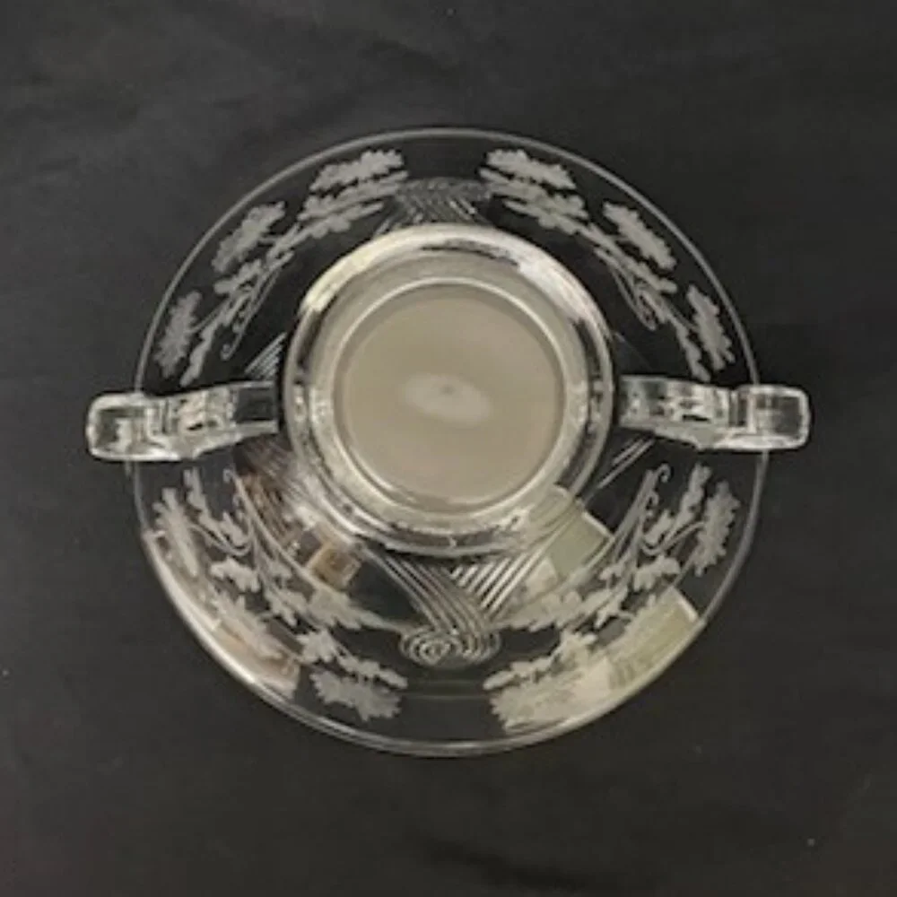 Vtg Etched Glass Bowl Floral Flowers Scrolled‎ Handles 9